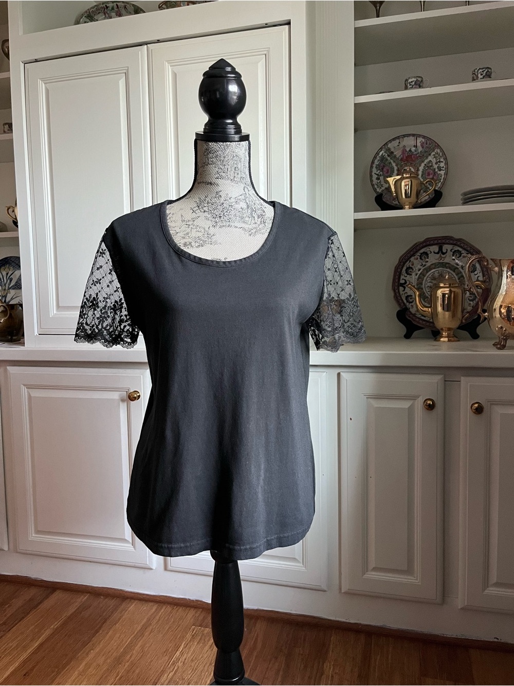 Women's Black Lace-Sleeve Short Sleeve Tee